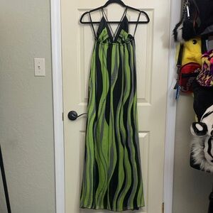 Mystic Green and Black Patterned Maxi Dress